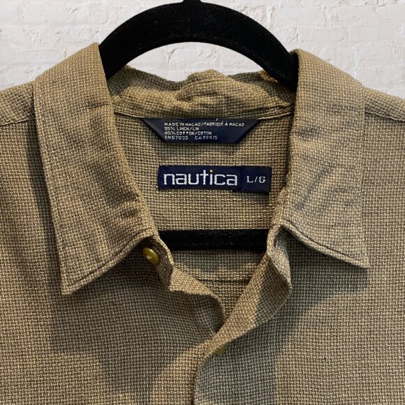 NAUTICA -- Men's Shirt, Linen, Short Sleeved Button Down, Collar, Beige, Pocket - Picture 4 of 9